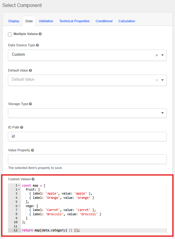 Cascading Dropdown Custom Values Configuration
